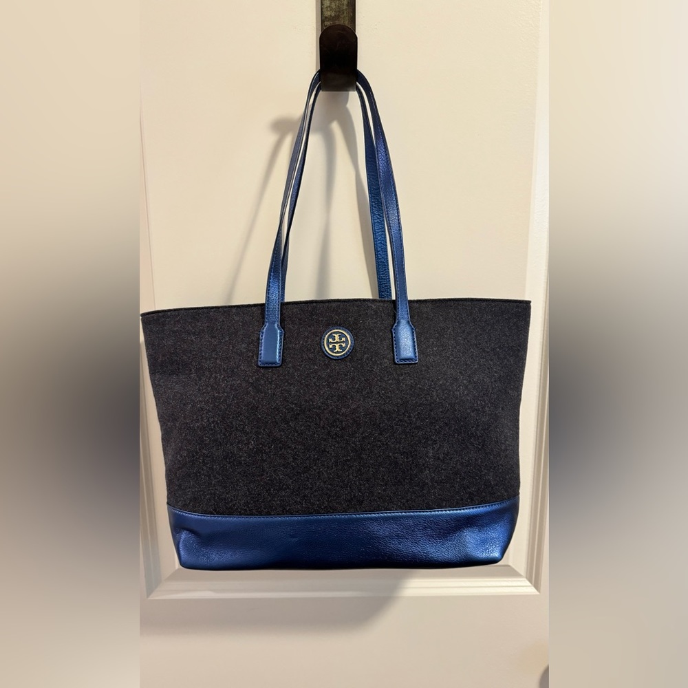 Tory Burch Emma Gray Wool and Metallic Blue Tote